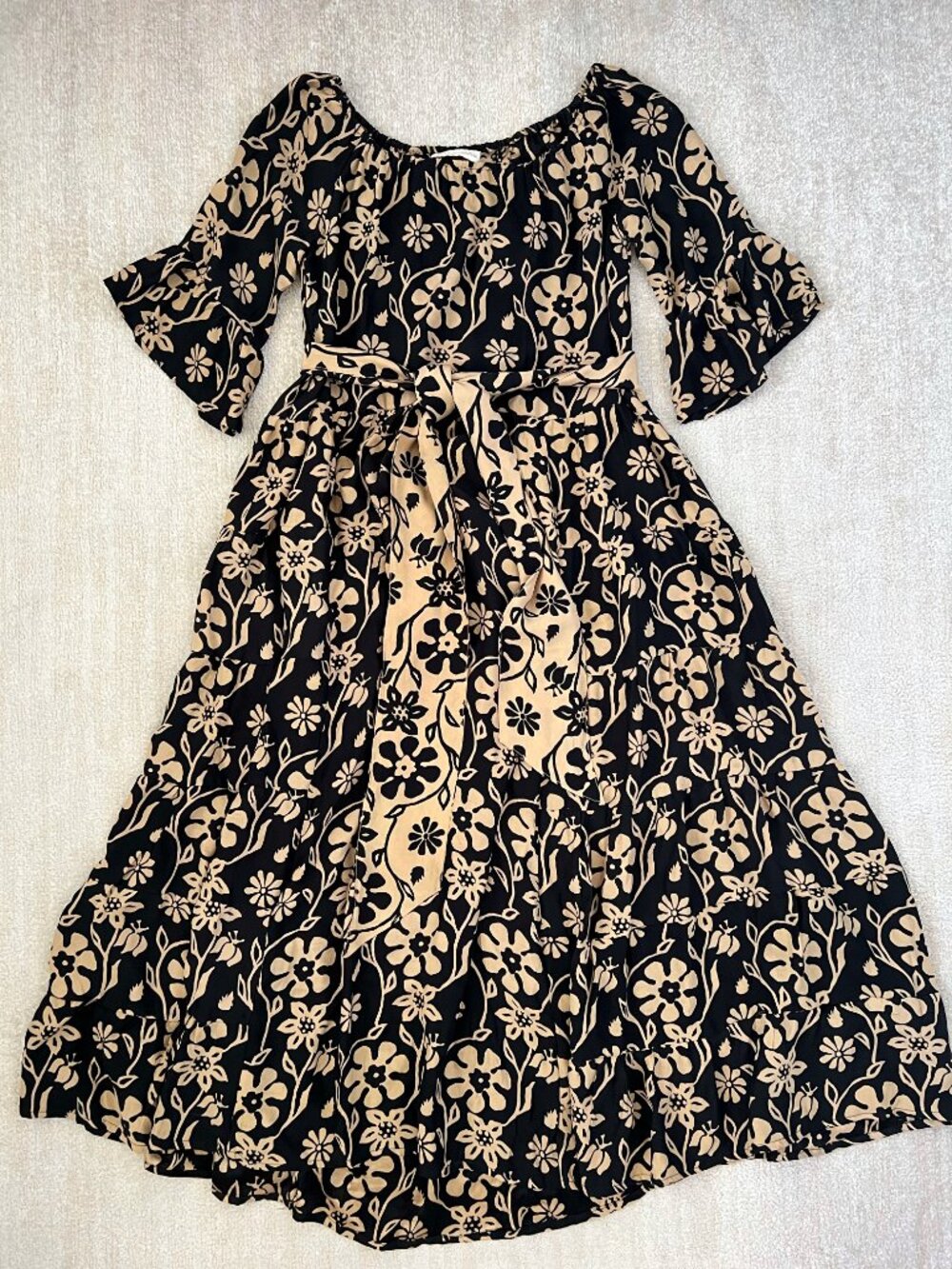 Natalie Martin Mesa Silk Maxi Dress Black Tan Floral Off Shoulder Boho XS